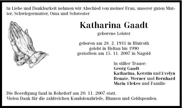 Leister Katharina 1931-2007 Todesanzeige